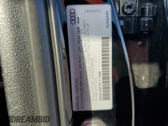 2016 Audi A3 1.8T Premium with VIN WAUA7GFF1G1111906, listed as a Copart auction lot 43064553 with 79,619 mi miles. Bid and sale history available at carsss.com. Image 15.