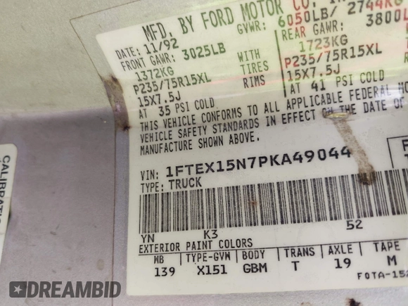 1993 Ford F-150 with VIN 1FTEX15N7PKA49044, listed as a IAAI auction lot 42058522 with Not provided miles and . Bid and sale history available at DreamBid. Image 9.