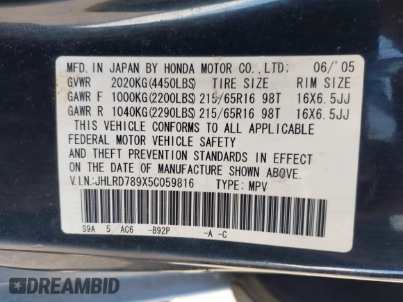 2005 Honda CR-V EX SE with VIN JHLRD789X5C059816, listed as a IAAI auction lot 42016042 with 171,276 mi miles. Bid and sale history available at carsss.com. Image 9.