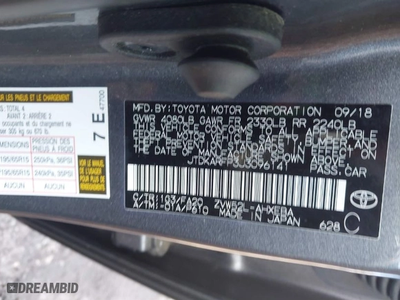 2018 Toyota Prius Prime Plus with VIN JTDKARFP3J3096141, listed as a IAAI auction lot 41822905 with 61,159 mi miles. Bid and sale history available at carsss.com. Image 9.
