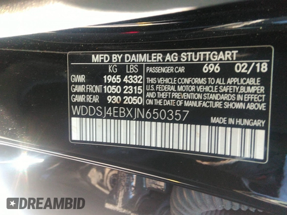 2018 Mercedes-Benz CLA with VIN WDDSJ4EBXJN650357, listed as a IAAI auction lot 35930612 with 75,371 mi miles. Bid and sale history available at carsss.com. Image 9.