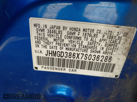 2007 Honda Fit Sport with VIN JHMGD386X7S036286, listed as a IAAI auction lot 42481245 with 172,055 mi miles and . Bid and sale history available at DreamBid. Image 9.