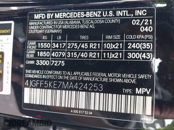 2021 Mercedes-Benz GLS 450 with VIN 4JGFF5KE7MA424253, listed as a IAAI auction lot 42254724 with 45,504 mi miles and . Bid and sale history available at DreamBid. Image 9.