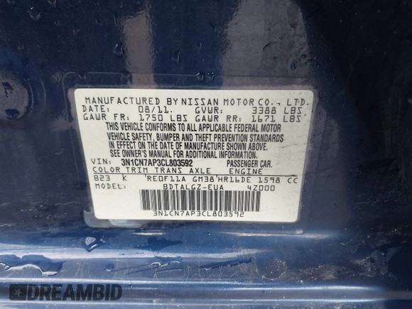 2012 Nissan Versa SV with VIN 3N1CN7AP3CL803592, listed as a IAAI auction lot 41902725 with 149,380 mi miles. Bid and sale history available at carsss.com. Image 9.