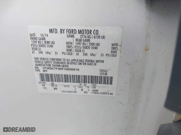 2015 Ford Explorer Limited with VIN 1FM5K7F89FGB06819, listed as a IAAI auction lot 41600497 with 87,652 mi miles. Bid and sale history available at carsss.com. Image 9.