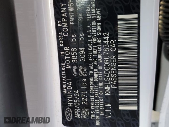 2024 Hyundai Elantra SEL z VIN KMHLS4DG0RU783442, wystawiony jako Copart lot #54518255 z przebiegiem 2 927 mil mil oraz Szkoda całkowita • Salvage title. Historia ofert i sprzedaży dostępna na DreamBid. Obrazek 14.
