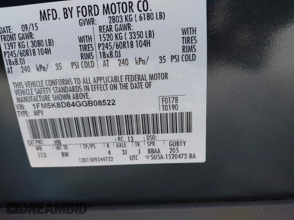 2016 Ford Explorer XLT with VIN 1FM5K8D84GGB08522, listed as a IAAI auction lot 42138258 with 103,005 mi miles and . Bid and sale history available at carsss.com. Image 9.