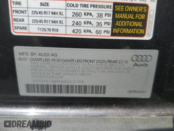 2008 Audi A3 z VIN WAUNF78P48A023749, wystawiony jako Copart lot #57071525 z przebiegiem 181 116 mil mil oraz Szkoda całkowita • Salvage title. Historia ofert i sprzedaży dostępna na DreamBid. Obrazek 13.