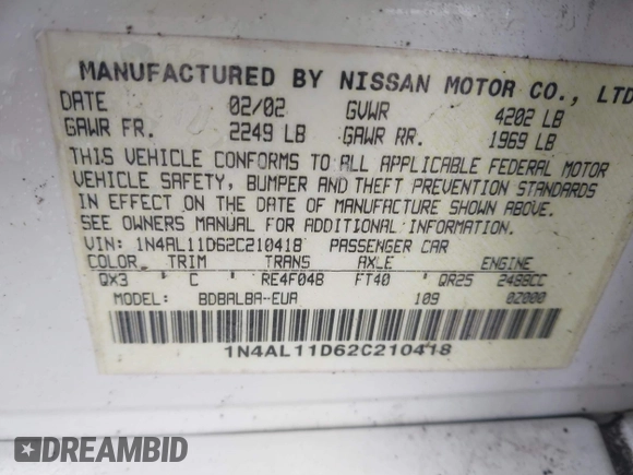 2002 Nissan Altima S with VIN 1N4AL11D62C210418, listed as a IAAI auction lot 41650082 with 155,838 mi miles. Bid and sale history available at carsss.com. Image 9.