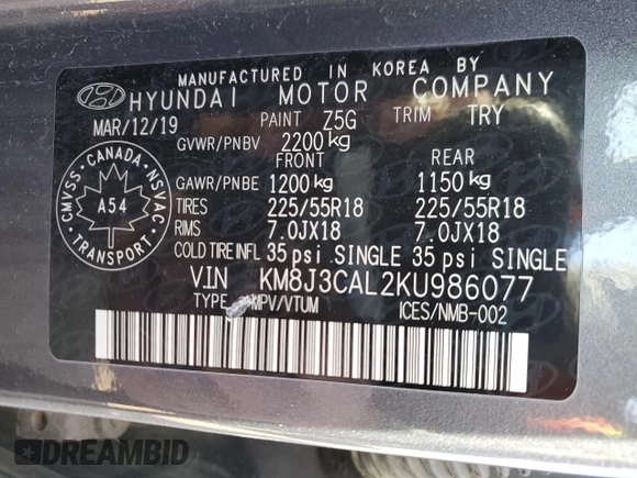 2019 Hyundai Tucson Ultimate with VIN KM8J3CAL2KU986077, listed as a Copart auction lot 78712324 with 106,126 mi miles and Clean Title. Bid and sale history available at carsss.com. Image 13.