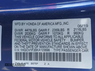 2019 Honda Accord Sedan Sport 1.5T with VIN 1HGCV1F35KA123698, listed as a IAAI auction lot 41825649 with 122,695 mi miles. Bid and sale history available at carsss.com. Image 9.