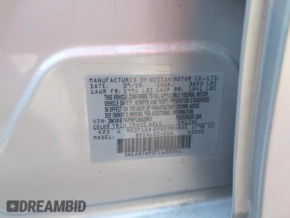 2015 Nissan Sentra SV z VIN 3N1AB7AP0FL682041, wystawiony jako IAAI lot #41590855 z przebiegiem 167 038 mil mil oraz . Historia ofert i sprzedaży dostępna na DreamBid. Obrazek 9.