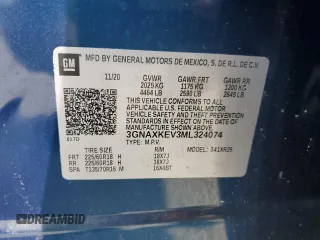 2021 Chevrolet Equinox LT with VIN 3GNAXKEV3ML324074, listed as a Copart auction lot 62095445 with 54,073 mi miles and Salvage title. Bid and sale history available at DreamBid. Image 14.