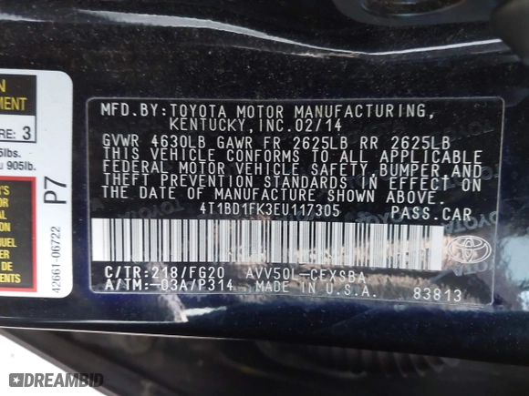 2014 Toyota Camry Hybrid LE with VIN 4T1BD1FK3EU117305, listed as a IAAI auction lot 41514217 with 141,081 mi miles. Bid and sale history available at carsss.com. Image 9.