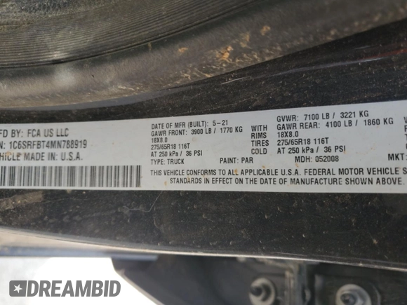 2021 Ram 1500 Big Horn with VIN 1C6SRFBT4MN788919, listed as a Copart auction lot 59775135 with Not provided miles and Non repairable. Bid and sale history available at DreamBid. Image 12.