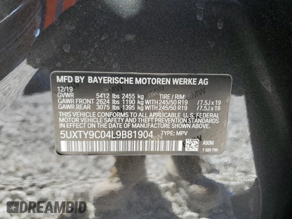 2020 BMW X3 M40i with VIN 5UXTY9C04L9B81904, listed as a Copart auction lot 42249615 with Not Provided miles and Salvage Title. Bid and sale history available at DreamBid. Image 13.