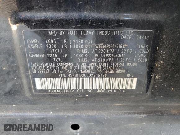 2013 Subaru Outback Limited with VIN 4S4BRDSC5D2316190, listed as a Copart auction lot 64036765 with 246,879 mi miles and Clean title. Bid and sale history available at DreamBid. Image 13.