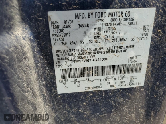 2007 Ford F-150 XLT with VIN 1FTRW12W67KC24000, listed as a Copart auction lot 53899345 with 158,657 mi miles and Salvage title. Bid and sale history available at DreamBid. Image 12.