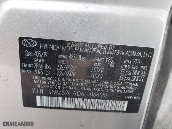 2020 Hyundai Santa Fe SE with VIN 5NMS2CAD6LH168588, listed as a IAAI auction lot 41643427 with 50,446 mi miles. Bid and sale history available at carsss.com. Image 9.