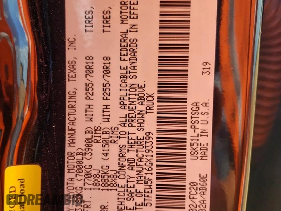 2016 Toyota Tundra SR5 z VIN 5TFEW5F16GX193399, wystawiony jako Copart lot #59543595 z przebiegiem 110 628 mil mil oraz Szkoda całkowita • Salvage title. Historia ofert i sprzedaży dostępna na DreamBid. Obrazek 12.