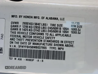 2021 Honda Pilot EX-L with VIN 5FNYF6H58MB037955, listed as a Copart auction lot 70078604 with 30,129 mi miles and Salvage Title. Bid and sale history available at DreamBid. Image 15.