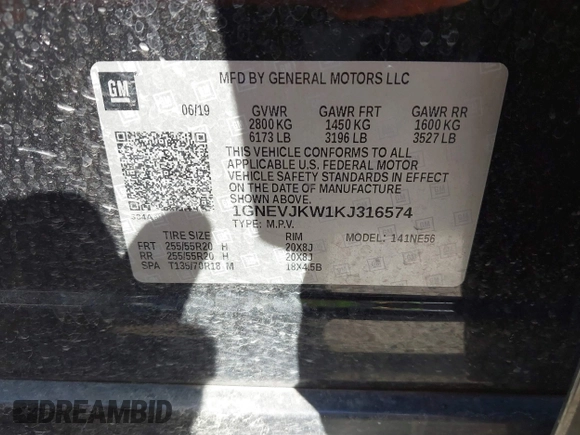 2019 Chevrolet Traverse RS with VIN 1GNEVJKW1KJ316574, listed as a IAAI auction lot 41751787 with 133,247 mi miles. Bid and sale history available at carsss.com. Image 9.