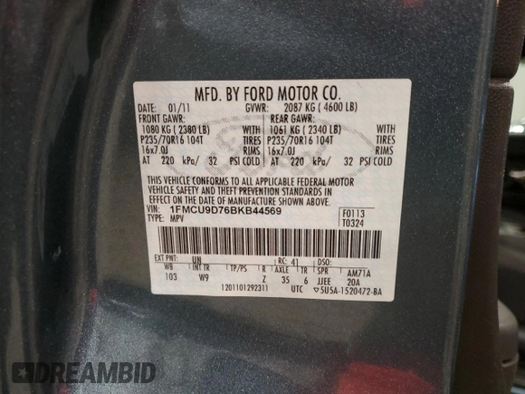 2011 Ford Escape XLT z VIN 1FMCU9D76BKB44569, wystawiony jako Copart lot #59340185 z przebiegiem 80 168 mil mil oraz Nie do naprawy • Non repairable. Historia ofert i sprzedaży dostępna na DreamBid. Obrazek 13.