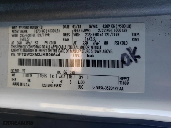 2018 Ford Transit Van with VIN 1FTBW3XM3JKB06644, listed as a Copart auction lot 76490484 with NaN miles and Clean Title. Bid and sale history available at carsss.com. Image 10.