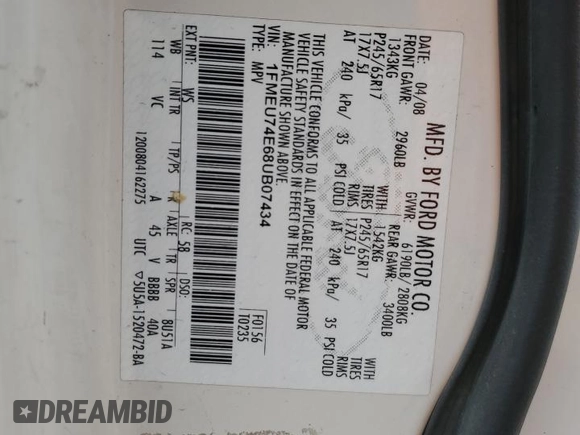 2008 Ford Explorer Eddie Bauer z VIN 1FMEU74E68UB07434, wystawiony jako Copart lot #51187185 z przebiegiem 183 509 mil mil oraz Szkoda całkowita • Salvage title. Historia ofert i sprzedaży dostępna na DreamBid. Obrazek 13.