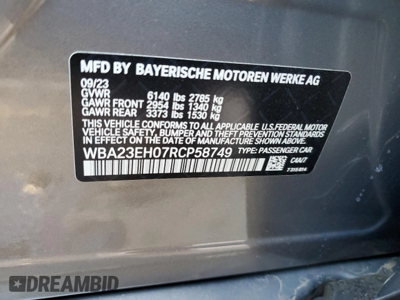 2024 BMW 7 Series 740i с VIN WBA23EH07RCP58749, выставлен на аукционе Copart как лот 42834555 с пробегом 9 227 миль миль и Чистый • Clean title. История ставок и продаж доступна на DreamBid. Изображение 12.