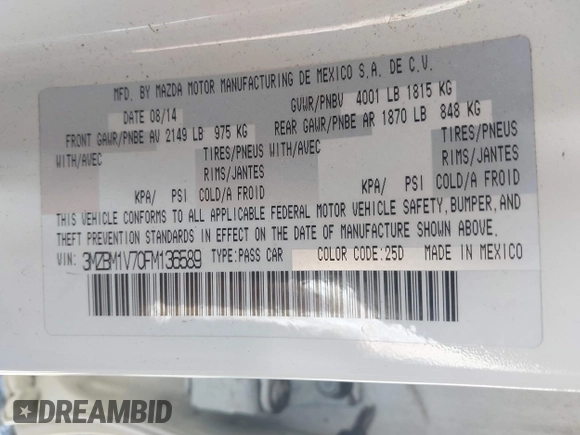 2015 Mazda Mazda3 i Touring with VIN 3MZBM1V70FM136589, listed as a IAAI auction lot 41875548 with 95,354 mi miles. Bid and sale history available at carsss.com. Image 9.