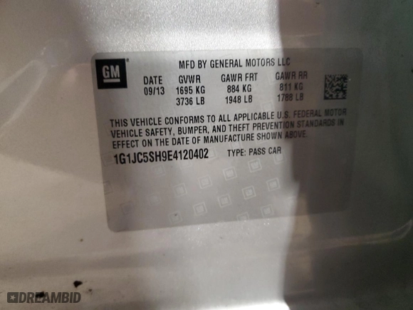 2014 Chevrolet Sonic LT with VIN 1G1JC5SH9E4120402, listed as a Copart auction lot 47300845 with 59,999 mi miles and Salvage Title. Bid and sale history available at carsss.com. Image 14.