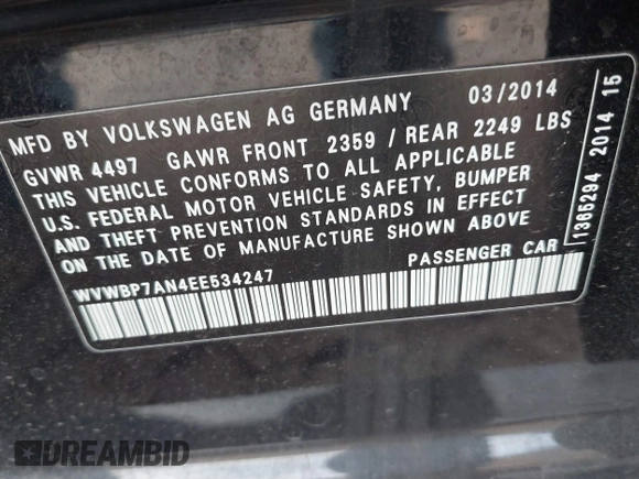 2014 Volkswagen CC Sport with VIN WVWBP7AN4EE534247, listed as a IAAI auction lot 41542076 with 119,199 mi miles and . Bid and sale history available at DreamBid. Image 9.
