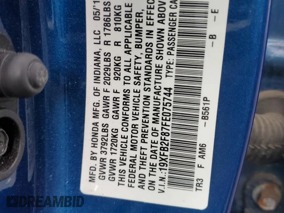 2015 Honda Civic EX with VIN 19XFB2F87FE075744, listed as a Copart auction lot 53816995 with 63,374 mi miles and Salvage Title. Bid and sale history available at DreamBid. Image 12.