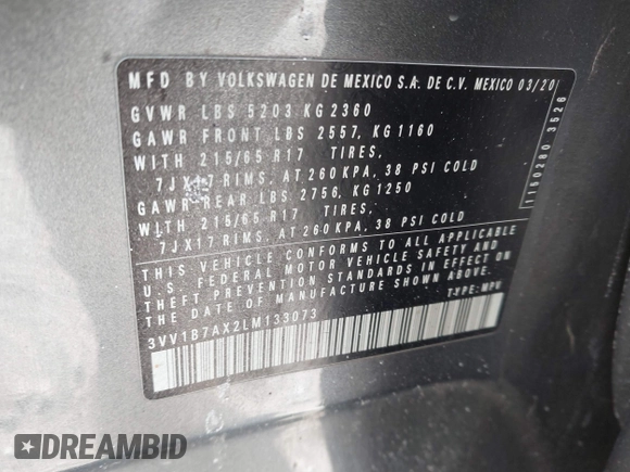 2020 Volkswagen Tiguan S with VIN 3VV1B7AX2LM133073, listed as a IAAI auction lot 41340634 with 70,342 mi miles and . Bid and sale history available at DreamBid. Image 9.