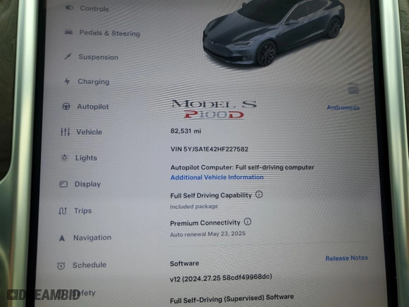 2017 Tesla Model S 100D with VIN 5YJSA1E42HF227582, listed as a Copart auction lot 43413605 with 82,531 mi miles and Salvage Title. Bid and sale history available at carsss.com. Image 9.
