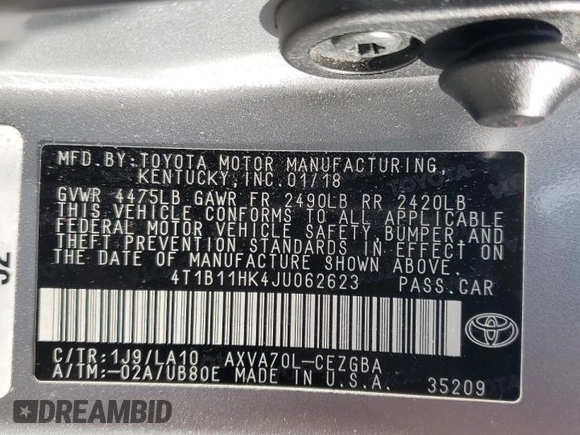 2018 Toyota Camry LE with VIN 4T1B11HK4JU062623, listed as a Copart auction lot 84542804 with 87,281 mi miles and Clean title. Bid and sale history available at DreamBid. Image 12.