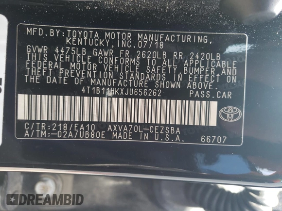2018 Toyota Camry LE с VIN 4T1B11HKXJU656262, выставлен на аукционе Copart как лот 57132965 с пробегом 106 876 миль миль и Списание • Salvage title. История ставок и продаж доступна на DreamBid. Изображение 12.