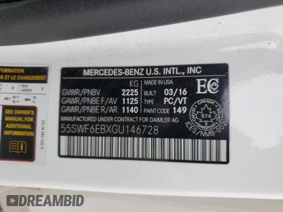 2016 Mercedes-Benz C 450 AMG with VIN 55SWF6EBXGU146728, listed as a Copart auction lot 51422965 with 170,712 mi miles and Salvage title. Bid and sale history available at DreamBid. Image 13.