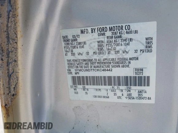 2012 Ford Escape XLT with VIN 1FMCU9D77CKC48442, listed as a IAAI auction lot 42824053 with 78,370 mi miles and . Bid and sale history available at DreamBid. Image 9.