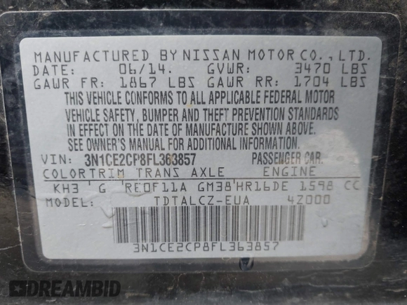 2015 Nissan Note SV with VIN 3N1CE2CP8FL363857, listed as a IAAI auction lot 42087997 with 140,496 mi miles and . Bid and sale history available at DreamBid. Image 9.