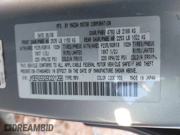2009 Mazda CX-7 Sport with VIN JM3ER293290221298, listed as a IAAI auction lot 41067088 with 230,241 mi miles. Bid and sale history available at carsss.com. Image 9.