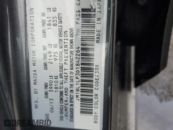 2013 Mazda 3 i Touring with VIN JM1BL1LP3D1842264, listed as a Copart auction lot 58434285 with 110,129 mi miles and Salvage title. Bid and sale history available at DreamBid. Image 12.