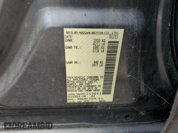 2015 Nissan Altima SL with VIN 1N4AL3AP2FC257053, listed as a Copart auction lot 60813645 with Not provided miles and Salvage title. Bid and sale history available at DreamBid. Image 12.