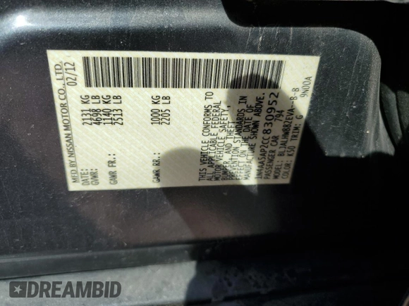 2012 Nissan Maxima SV z VIN 1N4AA5AP2CC830952, wystawiony jako Copart lot #71491284 z przebiegiem 168 591 mil mil oraz Szkoda całkowita • Salvage title. Historia ofert i sprzedaży dostępna na DreamBid. Obrazek 13.