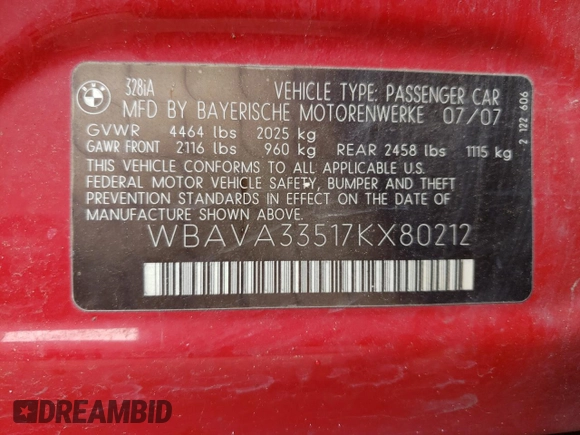 2007 BMW 3 Series 328i z VIN WBAVA33517KX80212, wystawiony jako Copart lot #55639855 z przebiegiem 246 801 mil mil oraz Szkoda całkowita • Salvage title. Historia ofert i sprzedaży dostępna na DreamBid. Obrazek 12.