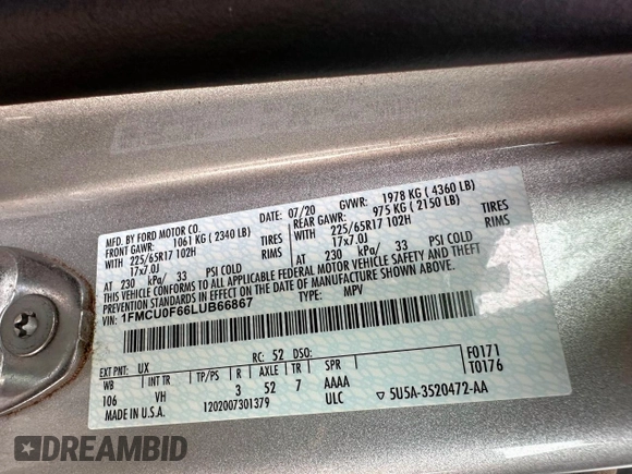 2020 Ford Escape S with VIN 1FMCU0F66LUB66867, listed as a Copart auction lot 61109925 with 119,891 mi miles and Clean title. Bid and sale history available at DreamBid. Image 10.