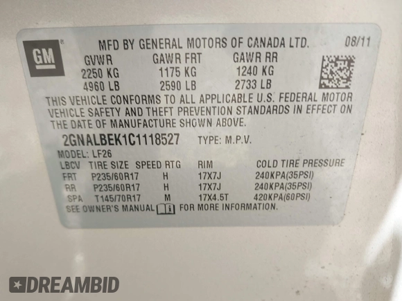 2012 Chevrolet Equinox LS with VIN 2GNALBEK1C1118527, listed as a IAAI auction lot 42150054 with 200,611 mi miles and . Bid and sale history available at DreamBid. Image 9.