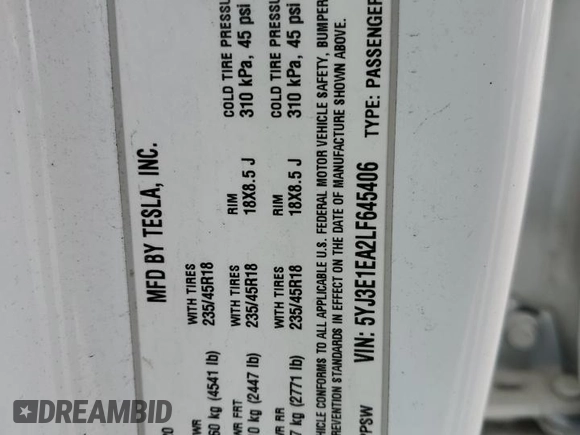 2020 Tesla Model 3 Standard Range Plus z VIN 5YJ3E1EA2LF645406, wystawiony jako Copart lot #52493395 z przebiegiem 102 126 mil mil oraz Szkoda całkowita • Salvage title. Historia ofert i sprzedaży dostępna na DreamBid. Obrazek 12.