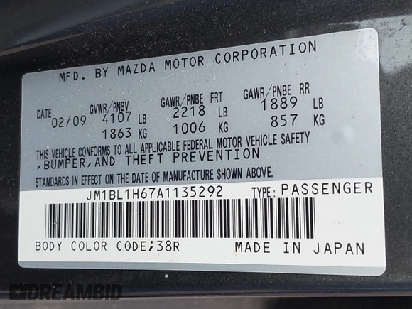 2010 Mazda 3 S Sport with VIN JM1BL1H67A1135292, listed as a IAAI auction lot 42710927 with 184,422 mi miles and . Bid and sale history available at DreamBid. Image 9.